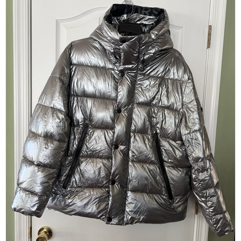 Michael Kors insulated Quilted hooded puffer jacket Metallic Silver Mens XL